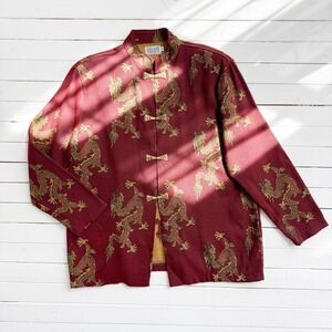 Silverado vtg burgundy red gold dragon woven tapestry blanket jacket size‎ M